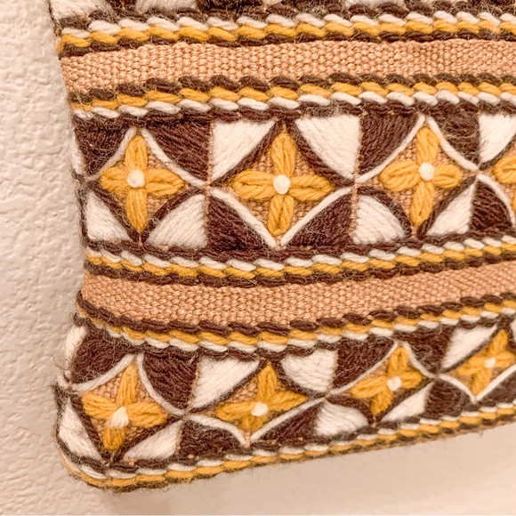 Vintage Handmade Burlap Embroidered Satchel Hand Bag Geometric Tan Brown Boho - Picture 7 of 15